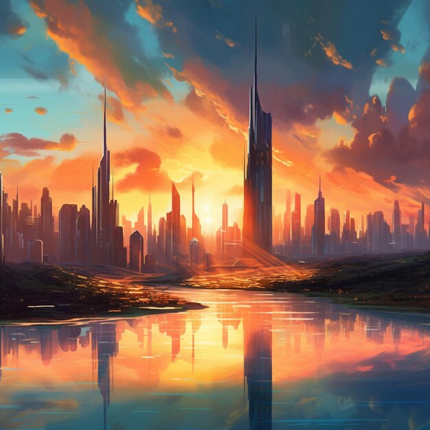 Anime stad skyline met een rivier en een zonsondergang generatieve ai