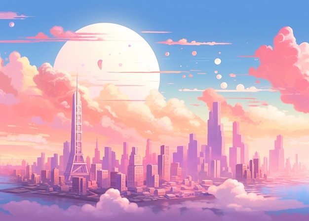 Anime stad skyline met een volle maan in de hemel generatieve ai