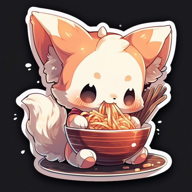 Anime sticker of a cat eating noodles in a bowl generative ai