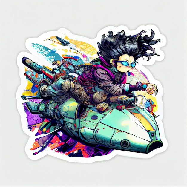 anime sticker of a girl riding a motorcycle with a gun generative ai