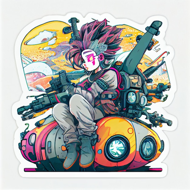 anime sticker van een meisje met een pistool en een machinegeweer generatieve ai