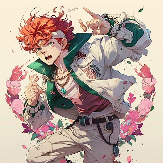 anime-stijl afbeelding van een man met rood haar en een groene jas generatieve ai