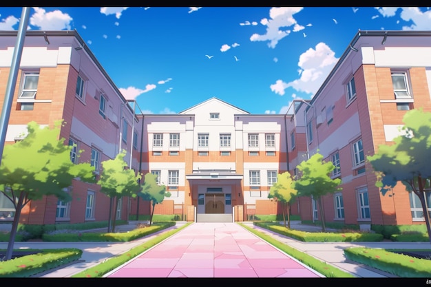 Foto anime stijl beeld van een gebouw met een loopbrug en bomen in de voorkant generatieve ai