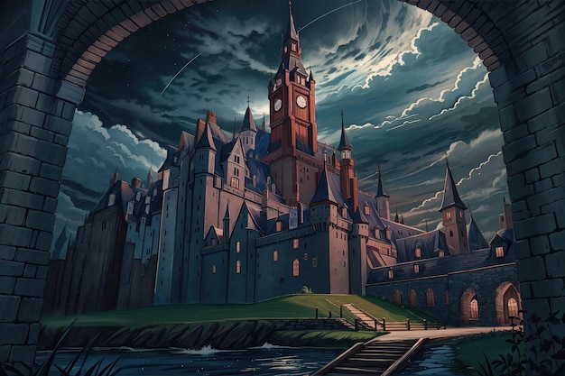 anime-stijl een donker kasteel in de nacht