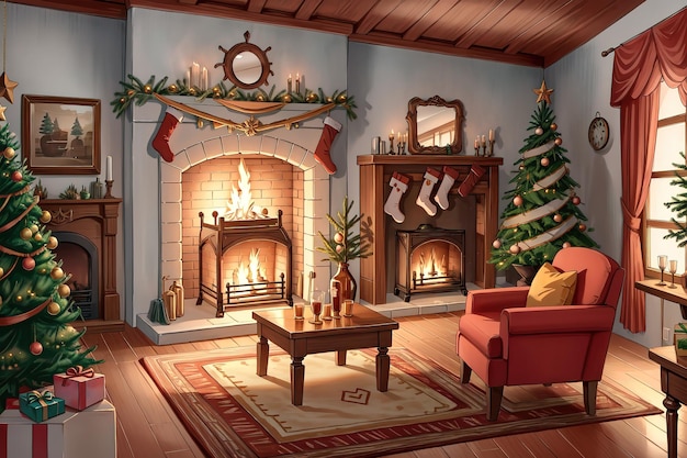 anime-stijl een woonkamer met een open haard en een kerstboom in de hoek