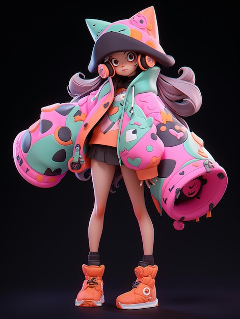 anime stijl figuur van een meisje met een kleurrijke outfit en hoed generatieve ai
