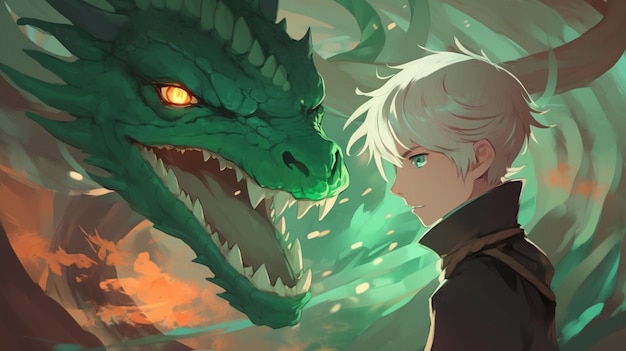 Foto anime-stijl illustratie van een man en een draak tegenover elkaar generatieve ai