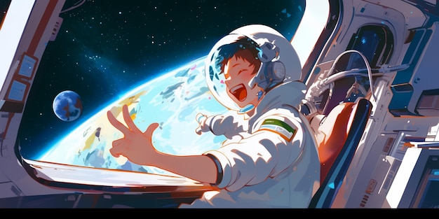 anime-stijl illustratie van een man in een ruimtepak in een ruimtestation generatieve ai