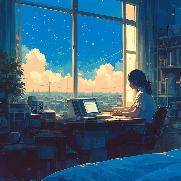 anime-stijl illustratie van een vrouw die aan een laptop werkt in een slaapkamer generatieve ai