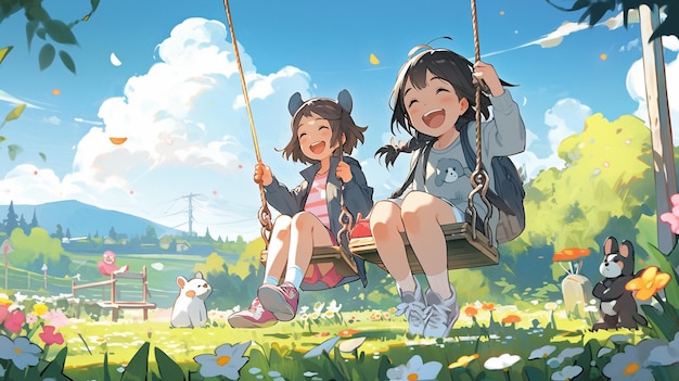 anime-stijl illustratie van twee meisjes op een schommel met een hond generatieve ai