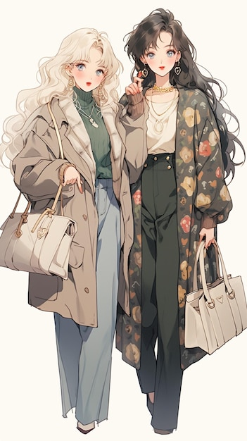 anime-stijl illustratie van twee vrouwen met handtassen die samen lopen generatieve ai