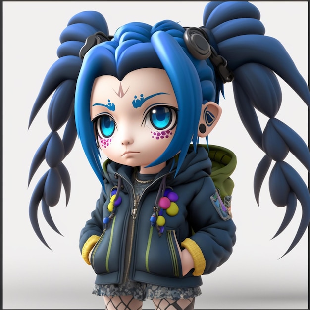 anime-stijl meisje met blauw haar en blauwe ogen in een blauw jasje generatieve ai