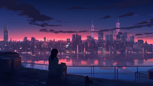 anime-stijl scène van een vrouw die naar een stads skyline kijkt generatieve ai