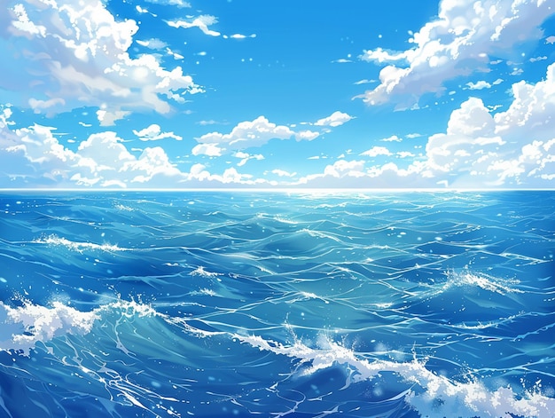 anime-stijl schilderij van een blauwe oceaan met witte wolken en golven generatieve ai