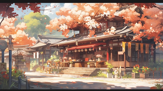 anime-stijl schilderij van een Japans huis met een rode luifel generatieve ai
