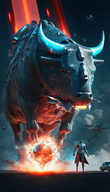 anime style artwork of a man standing in front of a bull generative ai