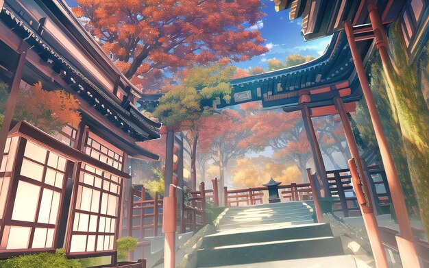 Anime style autumn japanese temple chinese temple ancient landscape fall maple culture generative ai