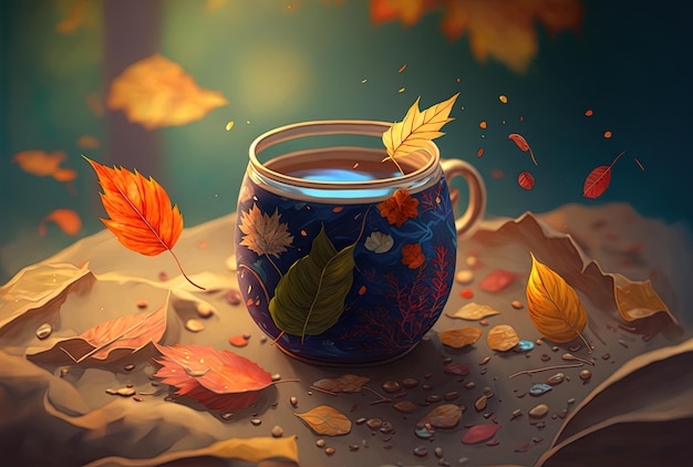 Anime style autumnal composition with a cup and some falling leaves