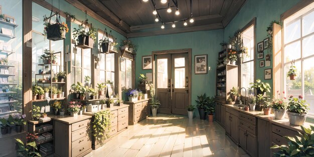 anime style background game background plants in greenhouse store garden nursery botanical ai