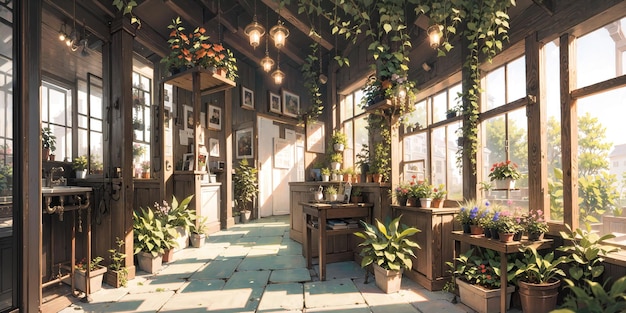 anime style background game background plants in greenhouse store garden nursery botanical ai