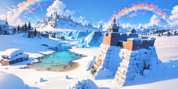 anime style background landscape rainbow snow winter cold white blue sky sky castle ice travel ai