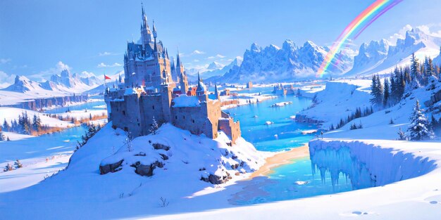 anime style background landscape rainbow snow winter cold white blue sky sky castle ice travel ai