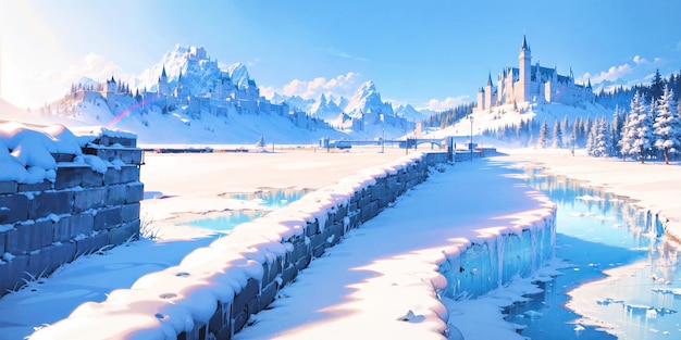 anime style background landscape rainbow snow winter cold white blue sky sky castle ice travel ai