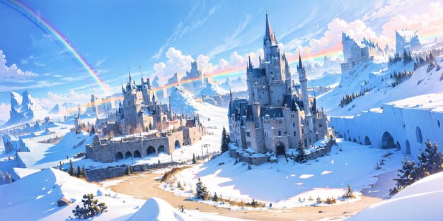 anime style background landscape rainbow snow winter cold white blue sky sky castle ice travel ai