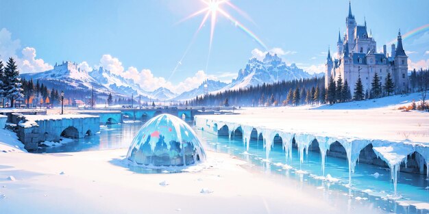 사진 애니메이션 스타일 배경 풍경 무지개 눈 겨울 추운 하 파란 하늘 성 얼음 여행