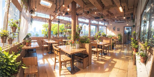 アニメスタイルの背景植物カフェコーヒーショップダイナーディナー生成ai