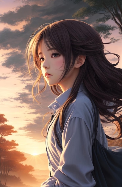 애니메이션 스타일 아름다운 소녀는 아름다운 일출 앞에 서서 그녀의 머리카락이 승리로 불고 있습니다.