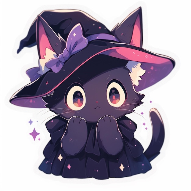 Photo anime style black cat wearing a witch hat and a purple dress generative ai