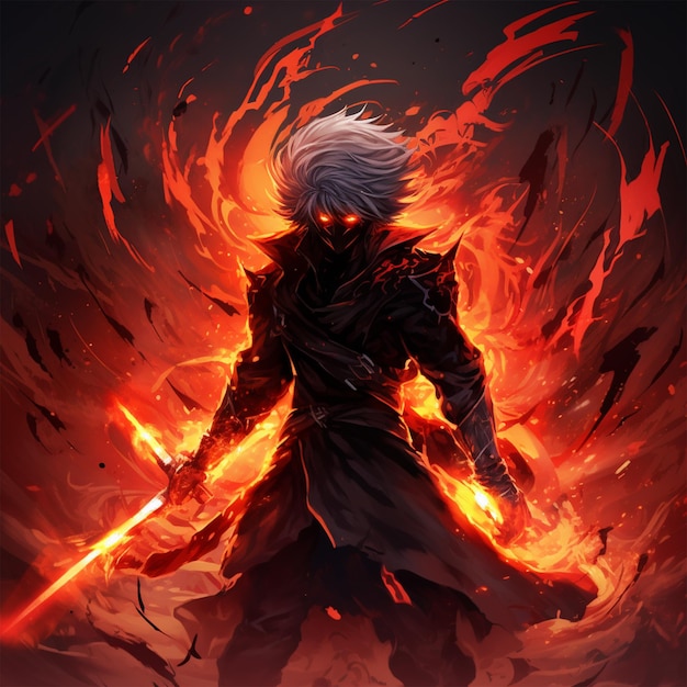 Anime style cartoon character holding fire sword with fire background