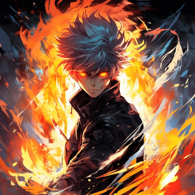 Anime style cartoon character holding sword with fire background