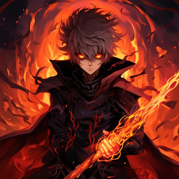 Anime style character holding sword in hand with fire background