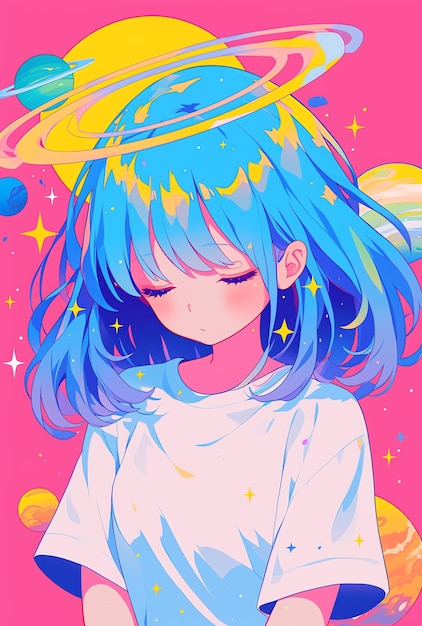Photo anime style character in space cartoon background illustration