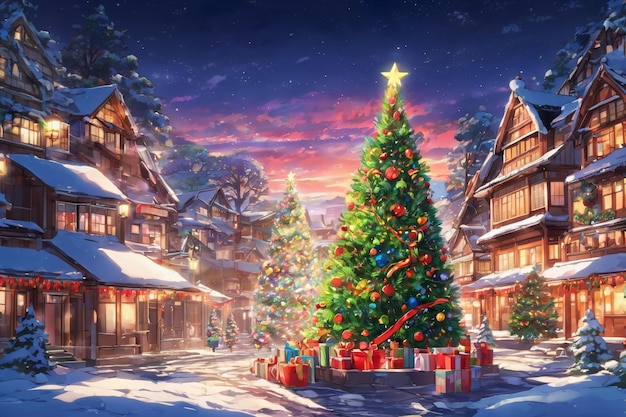 Anime style Christmas tree decorated with blinkers with gift boxes Aroundxmas wallpaper