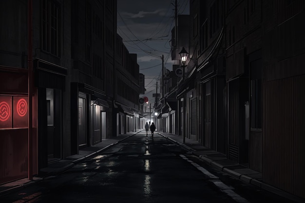 anime style a dark street with a dark city and a dark building