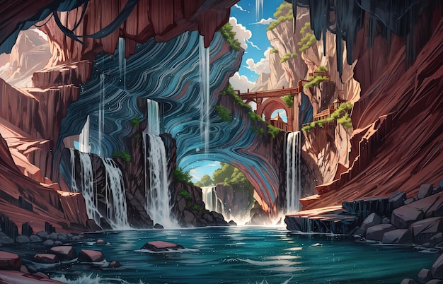 anime style a digital painting of a cave with a waterfall in the background