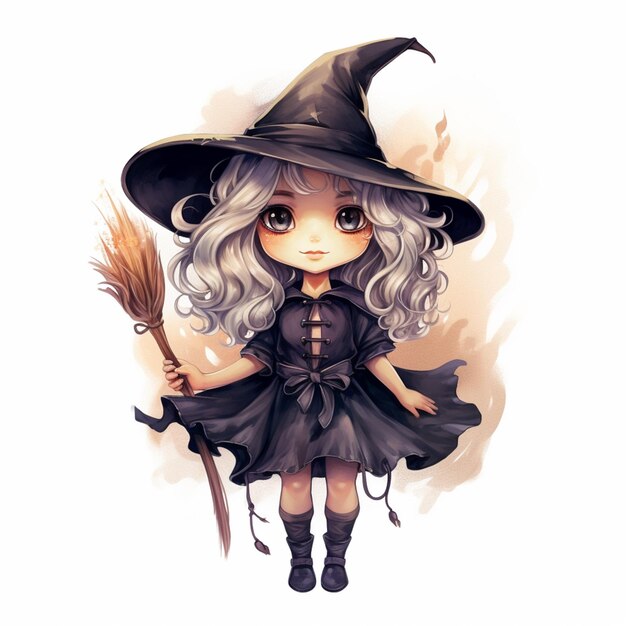 anime style drawing of a little witch with a broom generative ai