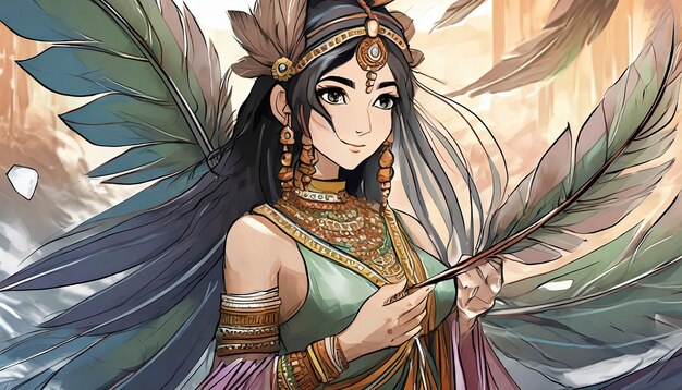 Photo anime style figure of a woman with feathers in her hands