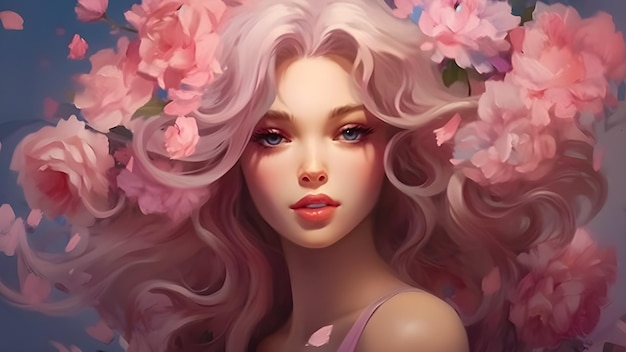 Anime style flower woman Charming girl with flowers in hair pink