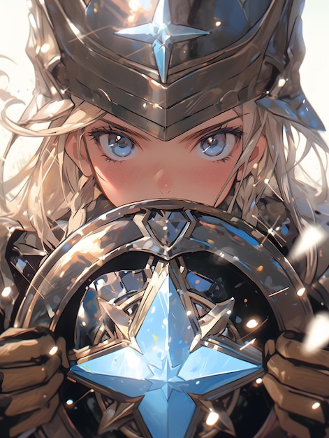 Anime style girl in armor with crystals and shield