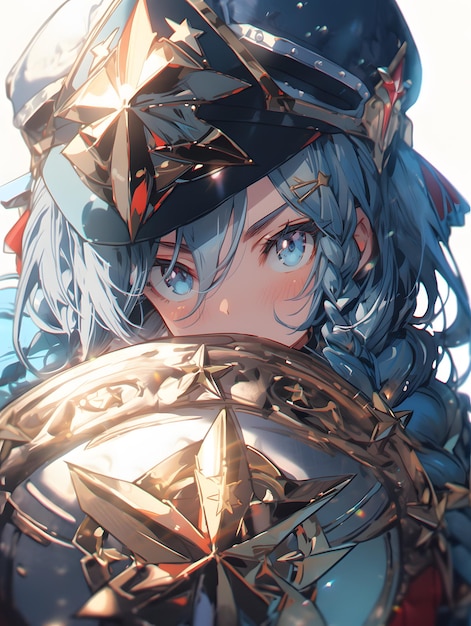 Anime style girl in armor with crystals and shield