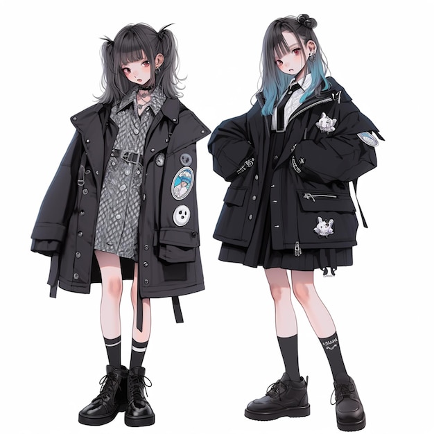 anime style girl in black coat and dress with blue hair generative ai