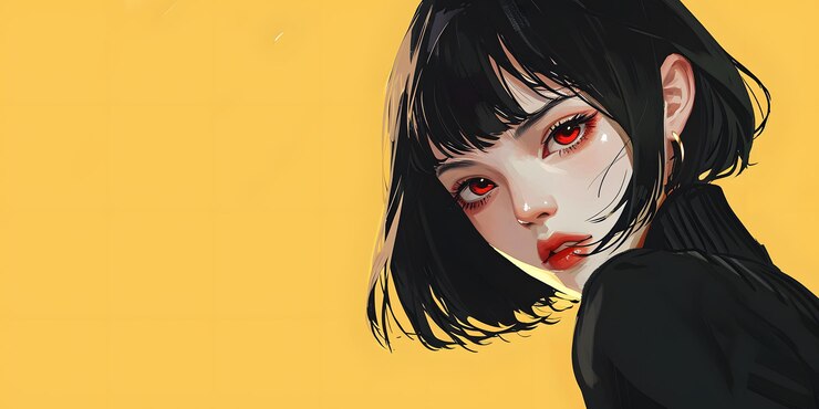 Photo anime style girl face yellow background copy space