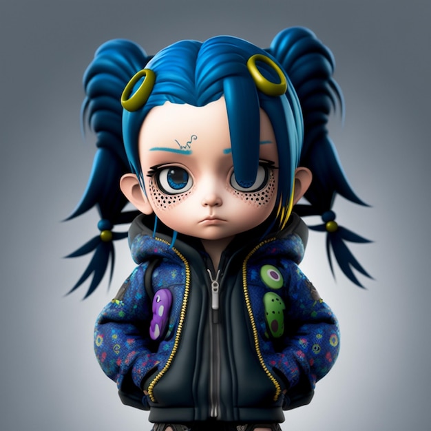 anime style girl with blue hair and blue eyes wearing a black jacket generative ai