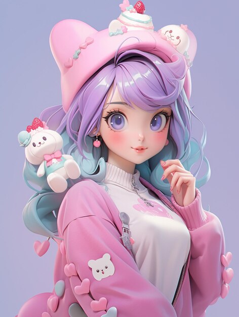 Anime style girl with blue hair and pink hat holding a teddy bear generative ai