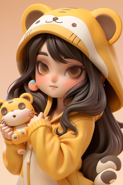 Anime style girl in yellow hoodie holding a stuffed animal generative ai