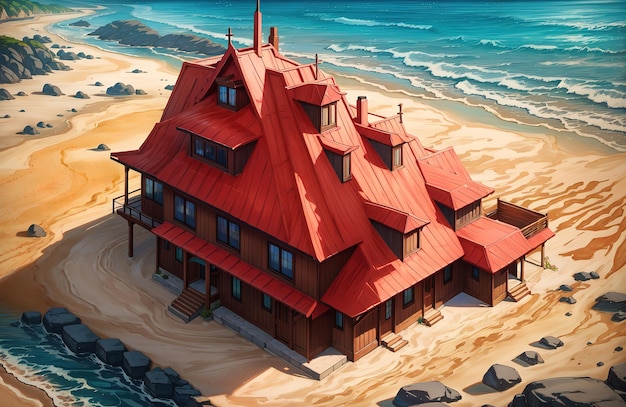 anime style a house on the beach with a red roof